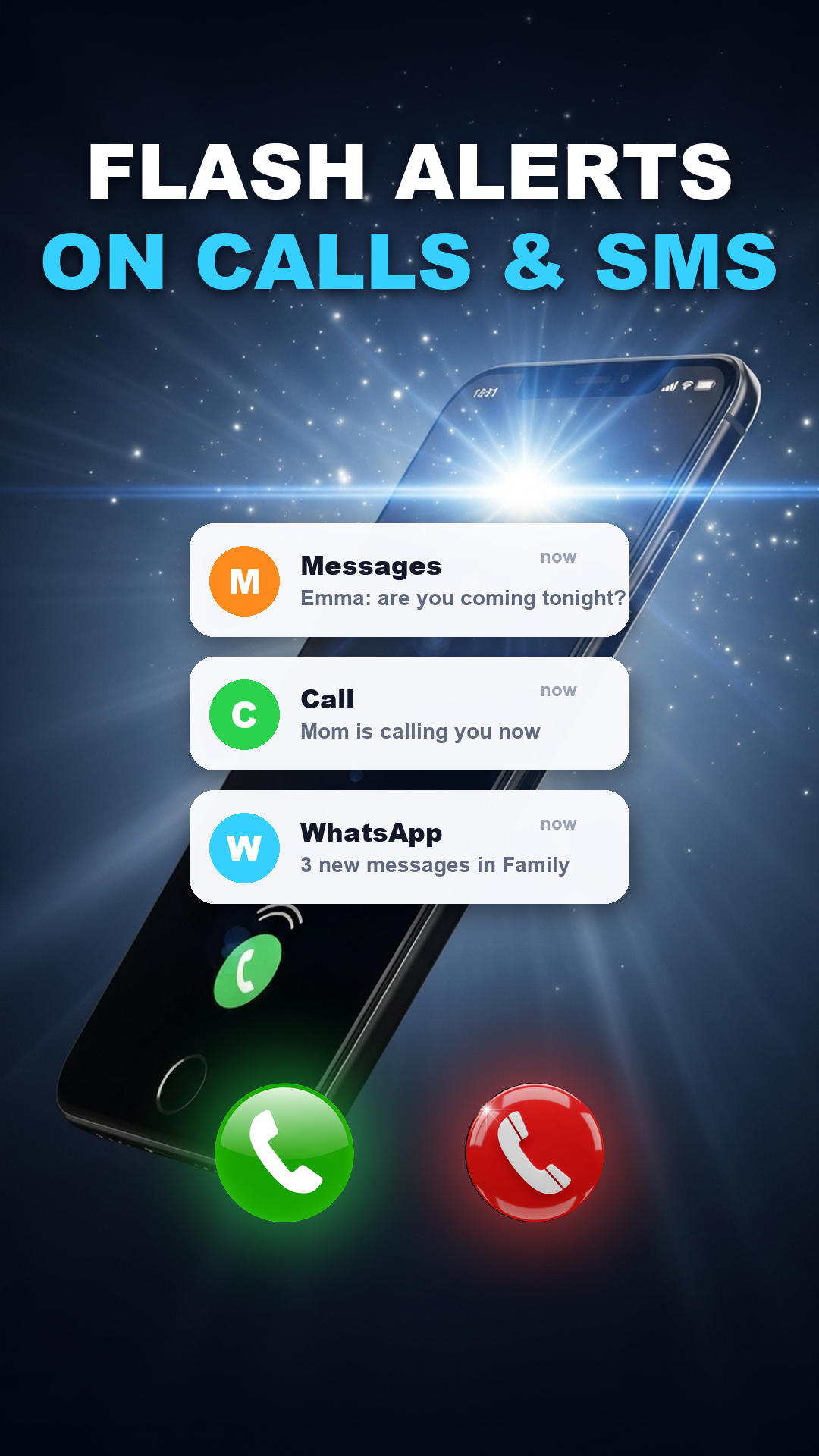 Flash alerts blinking for an incoming call and messages